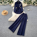 Light mature style zen bows strappy waist shirt women's spring autumhigh waistloose pantstwo-piece setautumwork clothing