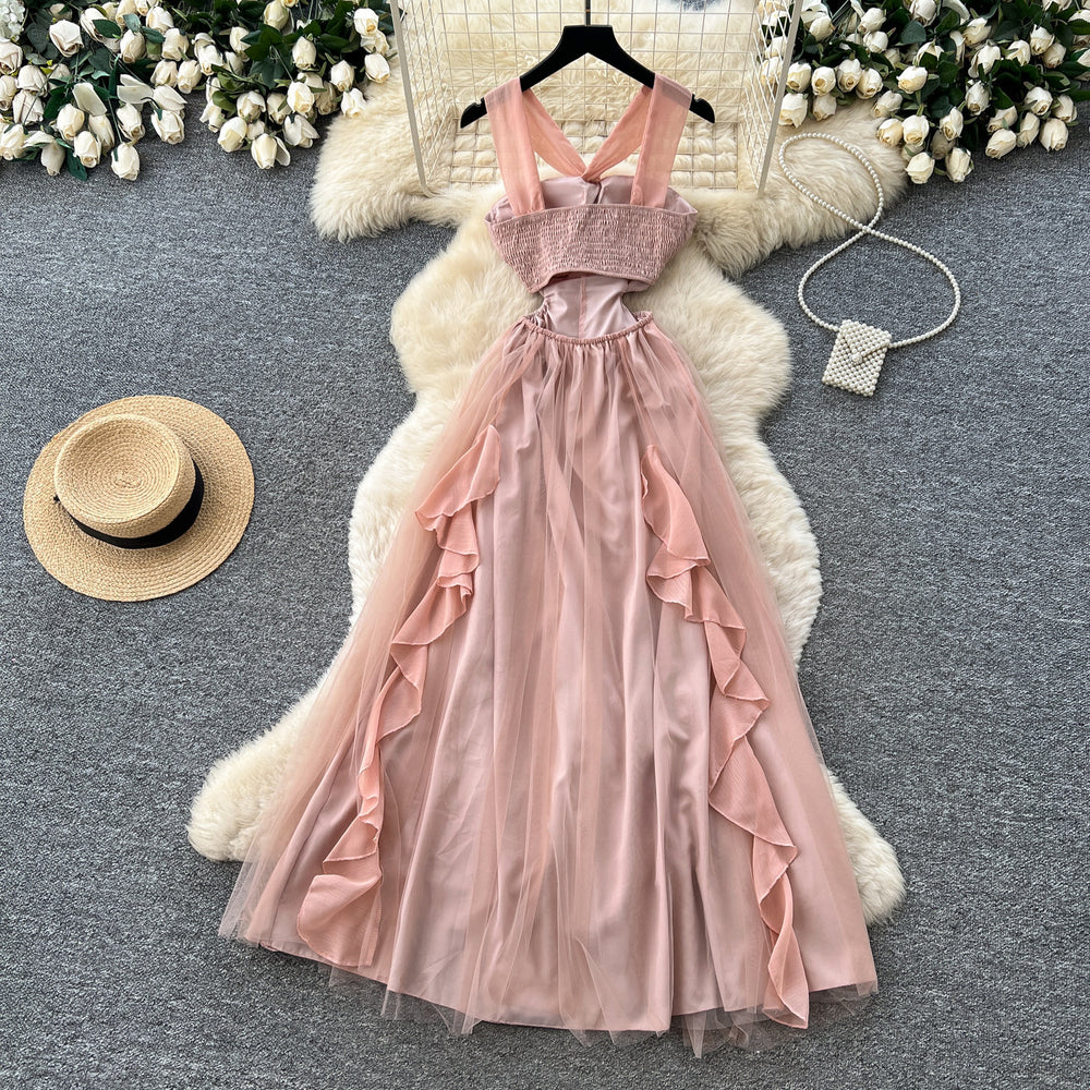 French riviera style halter mesh dress - women's summer romantic sleeveless ruffle trim slimming elegant maxi dress