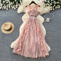 French riviera style halter mesh dress - women's summer romantic sleeveless ruffle trim slimming elegant maxi dress