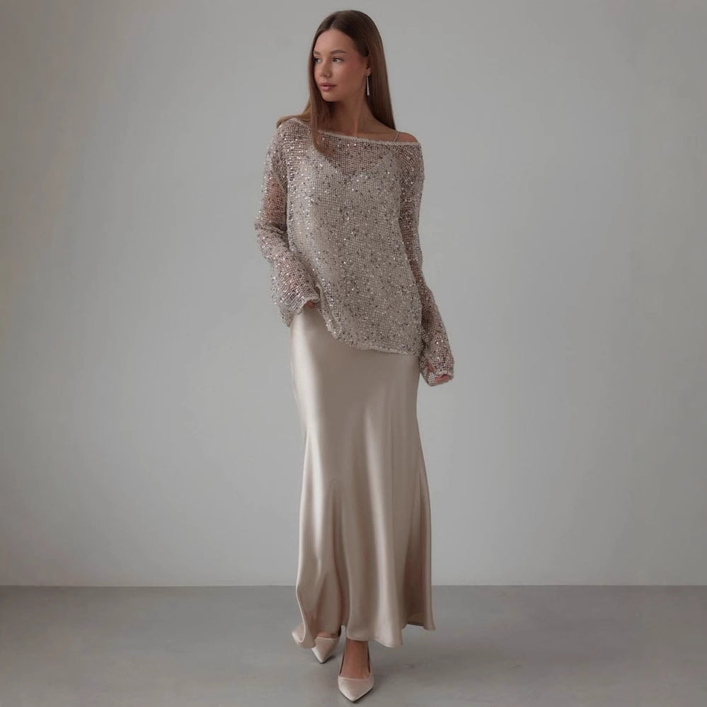 new european and american  style long-sleeve urban casual colorful hollow-out loose fit pullover sequin top for women