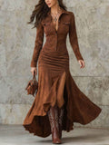 Autumn/winter coffee brown slim-fit long sleeve shirt and slit ruffle hem midi skirt retro western two-piece set