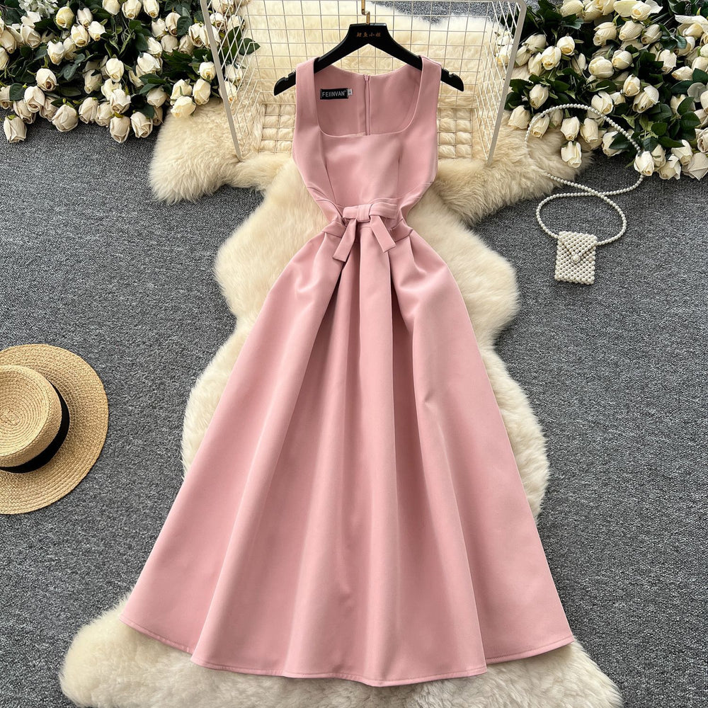 French chic sleeveless square neck dress - summer edition: butterfly knot waist, slimming, elegant hepburn style maxi dress