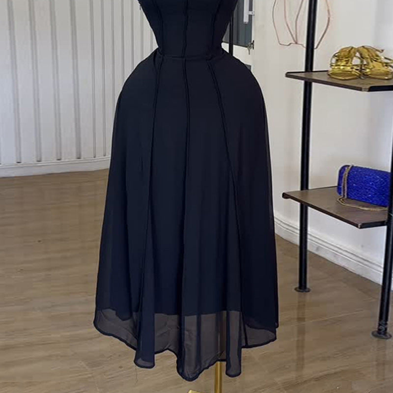 European and American  women's clothing 2025 summer new temperament semi-turtleneck sleeveless high waist A-word black vest dress