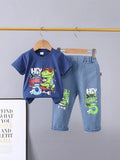 New boys' dinosaur skateboard print short-sleeve cotton t-shirt and jeans two-piece set - trendy summer outfit for toddlers and young children