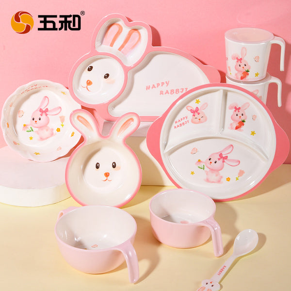 Wuhe Pink Moe Rabbit Children's Tableware Girl New Rabbit Supplementary Food Bowl Baby Bowl Grid Plate Cute Cartoon