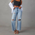 Xintang jeans women's new arrivalfashion ripped high waiststraight-legjeans washed and worn fashionjeans
