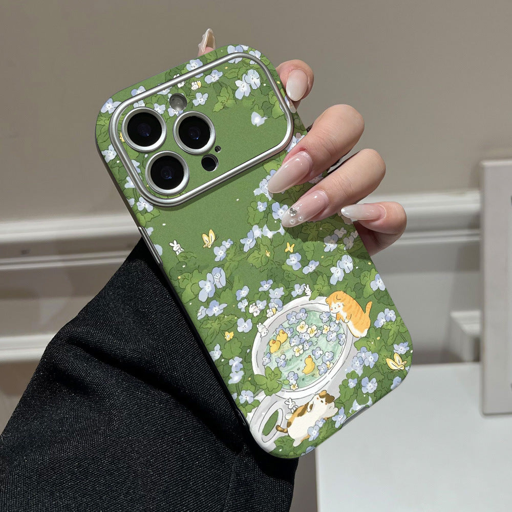 Green floral cat teacup phone case for iphone 17 pro max, apple 16 full coverage shockproof protective case - wholesale