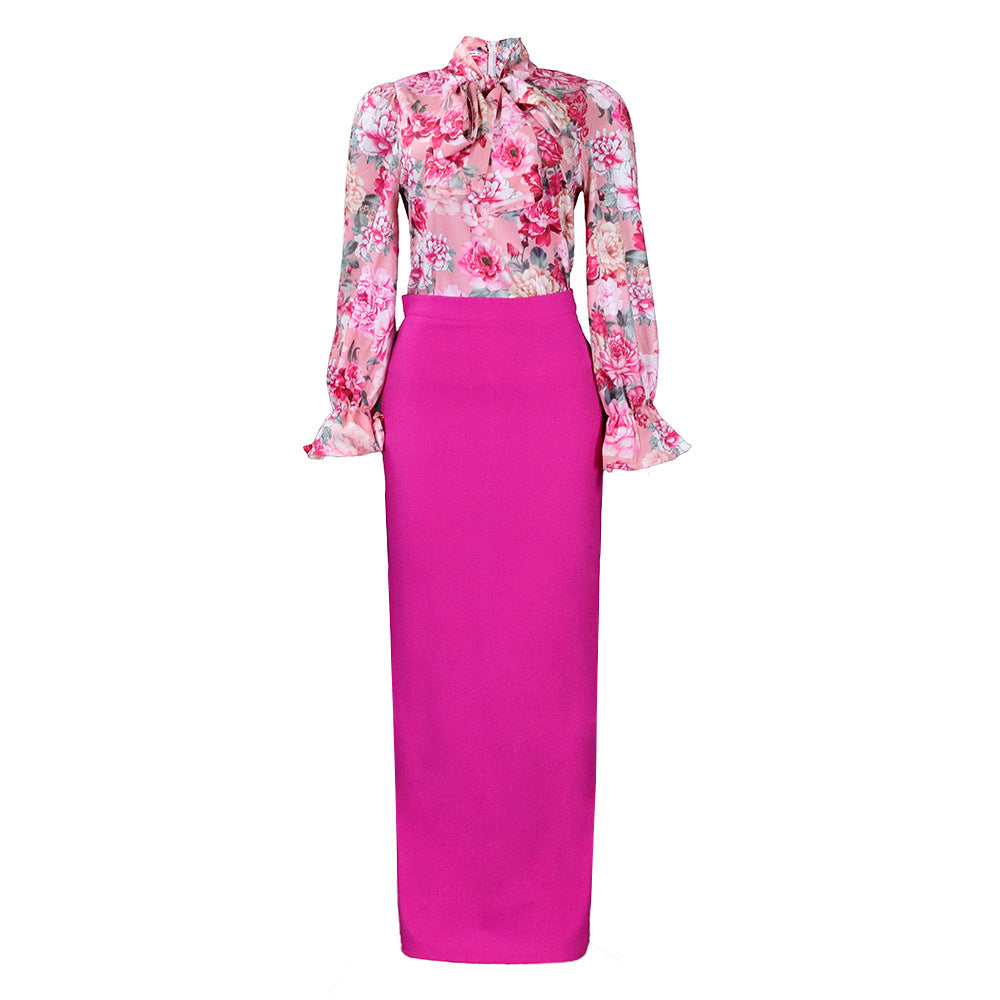 D323 european and american clothing  new fashion printed tie-up long sleeve shirt and midi skirt two-piece set - cross-border