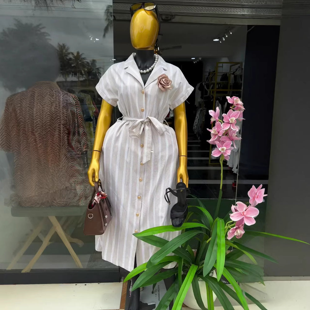 European and american cross-border women's fashion:  summer new arrival - elegant striped turn-down collar short-sleeve tie-waist shirt dress for women