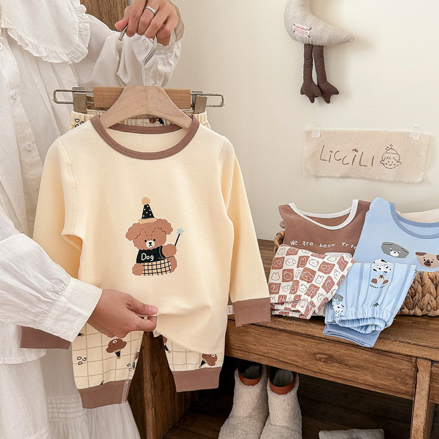 Kidsfall and wintershu velvet 320gthickenedpure cotton autumn clothes and long pants home clothes suit class a boneless baby set of two pieces