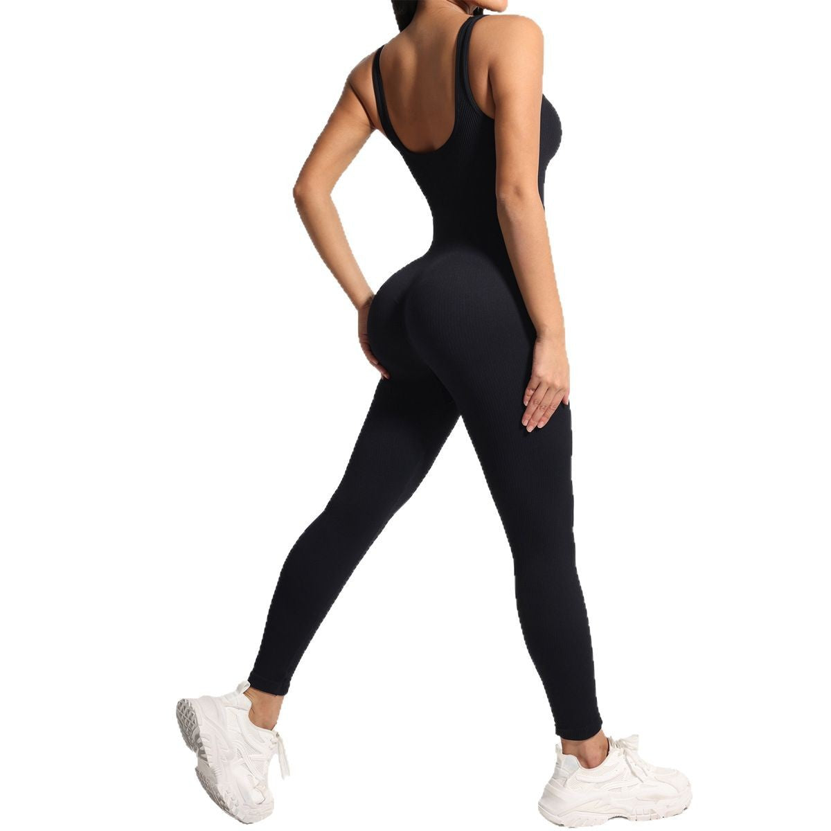 2025 spring and summer zipper threaded U-shaped backless jumpsuit women's shoulder strap fitness jumpsuit body sculpting yoga suit