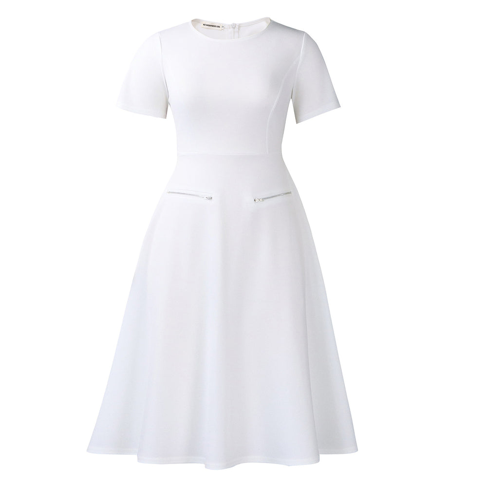 D619  foreign trade  new women's elegant minimalist round neck slimming solid color dress