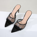 Women's high-end fashion black mesh rhinestone high heel slippers - stiletto, pointed toe, open toe, comfortable for all-day wear