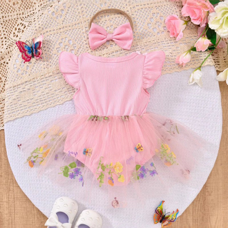 Baby girl party outfit cute ribbed knit & mesh romper with headband set