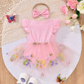 Baby girl party outfit cute ribbed knit & mesh romper with headband set
