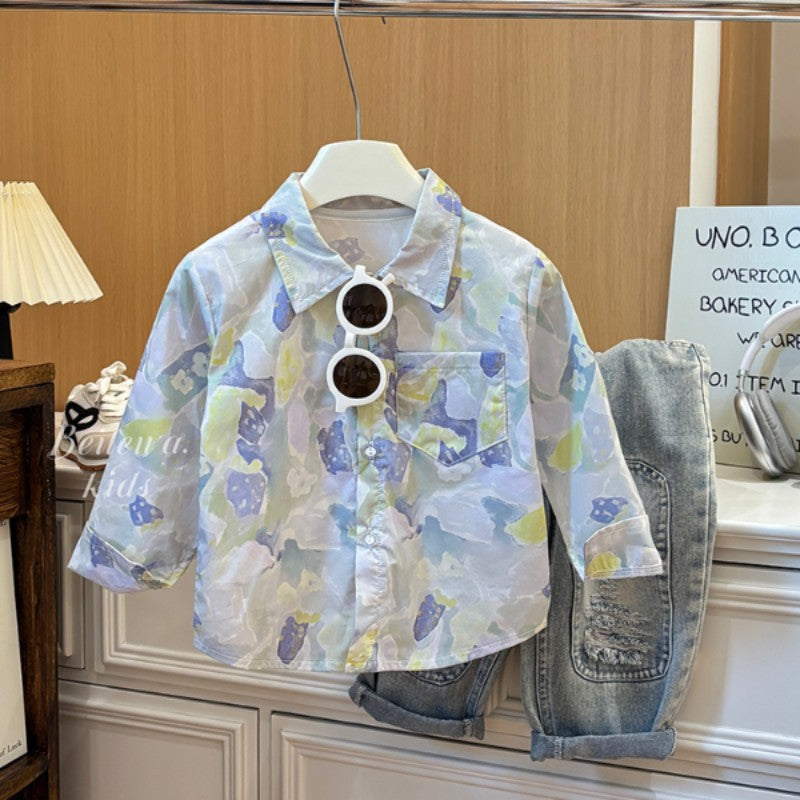 Kids' spring/autumn casual long-sleeve top for boys - toddler & child cotton shirt with all-over cartoon print and turn-down collar