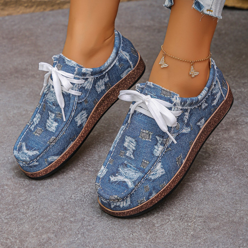 export plus size ethnic style casual flats women's colorful lace-up graffiti low-top canvas shoes wood grain thick sole shoes