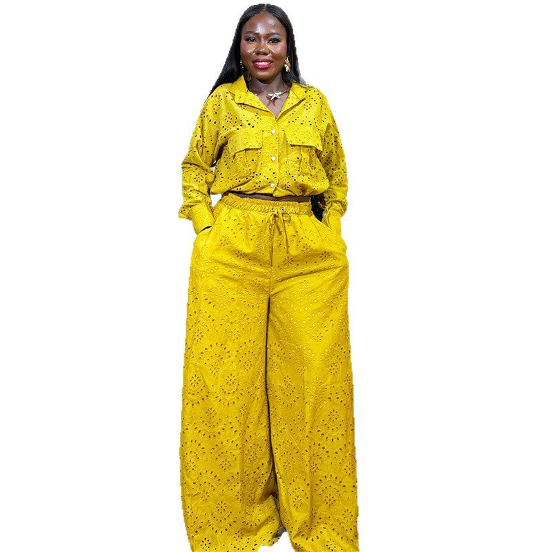 European and american cross-border women's fashion  spring/summer new collection: solid color cutout long sleeve shirt and wide leg pants casual set