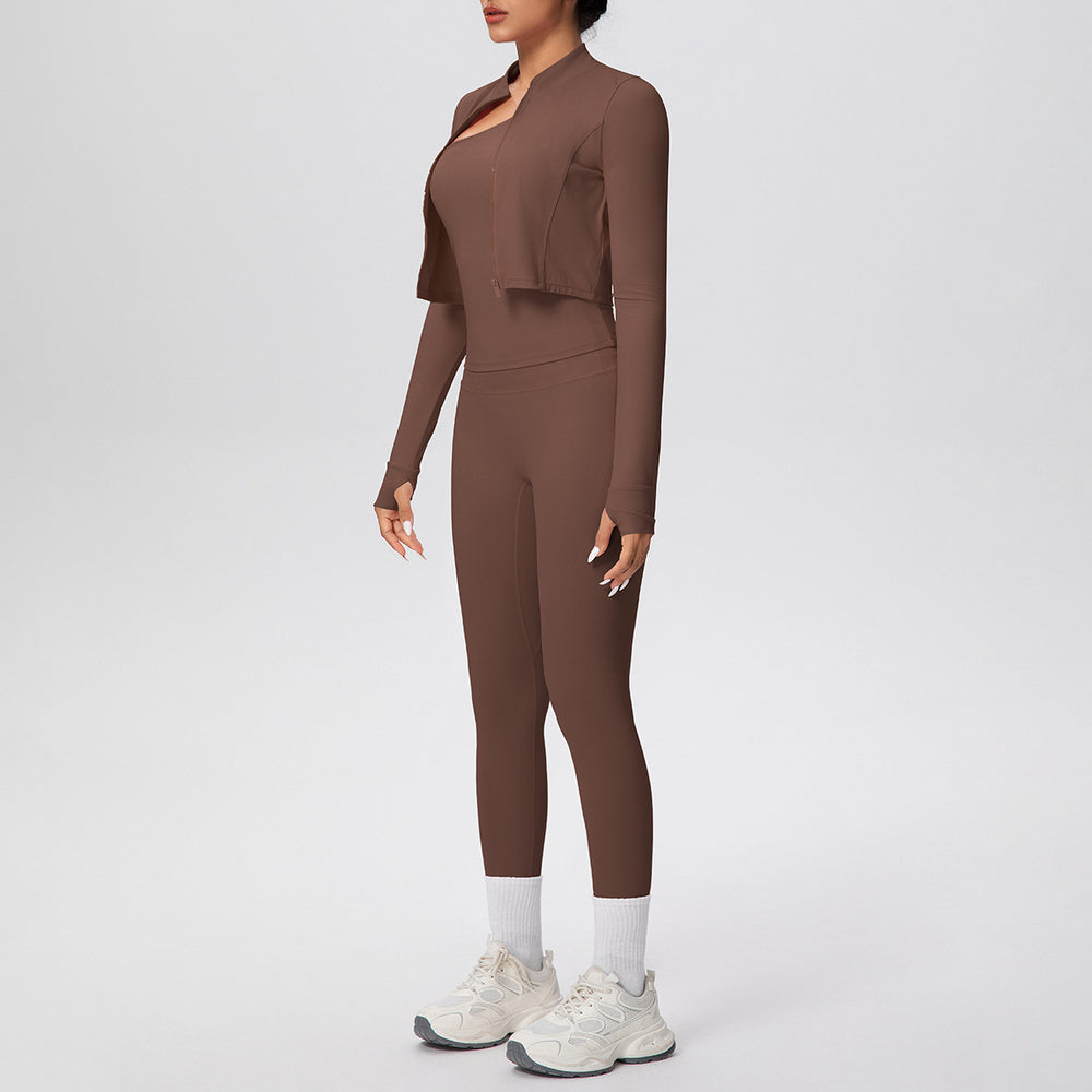 pure color brushed tight one-shoulder vest nine-point long three-piece sports running fitness yoga suit