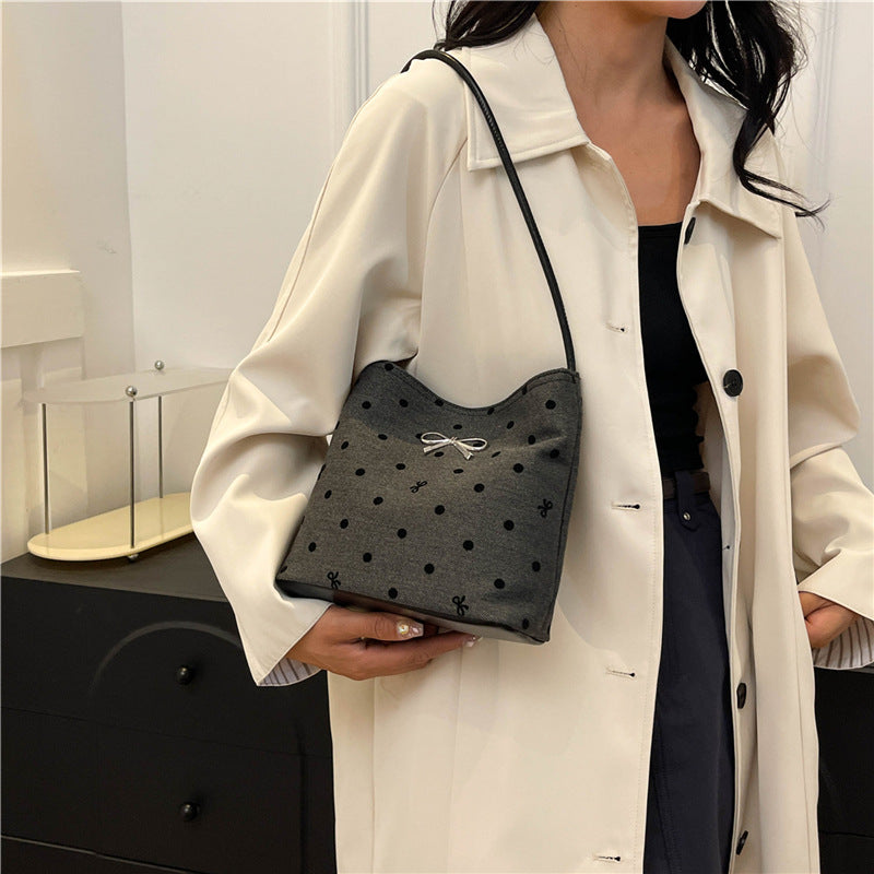 Canvas polka dot bag women's autumn 2025 new fashion commuter bow shoulder bag tote bucket women's bag