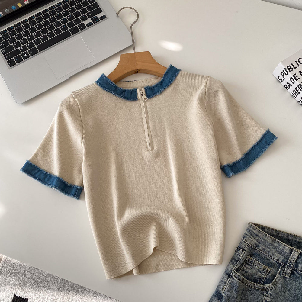 Korean style color block knit top - women's summer short sleeve crew neck half-zip cardigan - versatile, trendy, and designer-inspired top