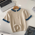 Korean style color block knit top - women's summer short sleeve crew neck half-zip cardigan - versatile, trendy, and designer-inspired top