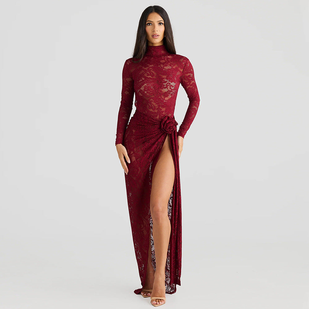 European and American  sexy slim-fit perspective two-piece set, half-turtleneck big halter onesie side split skirt set