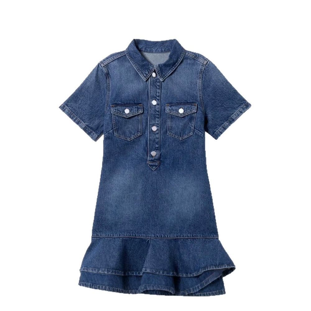 European and american commute style: high-end, age-defying, unique ruffle trim denim dress - slimming, collared, midi length