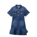 European and american commute style: high-end, age-defying, unique ruffle trim denim dress - slimming, collared, midi length