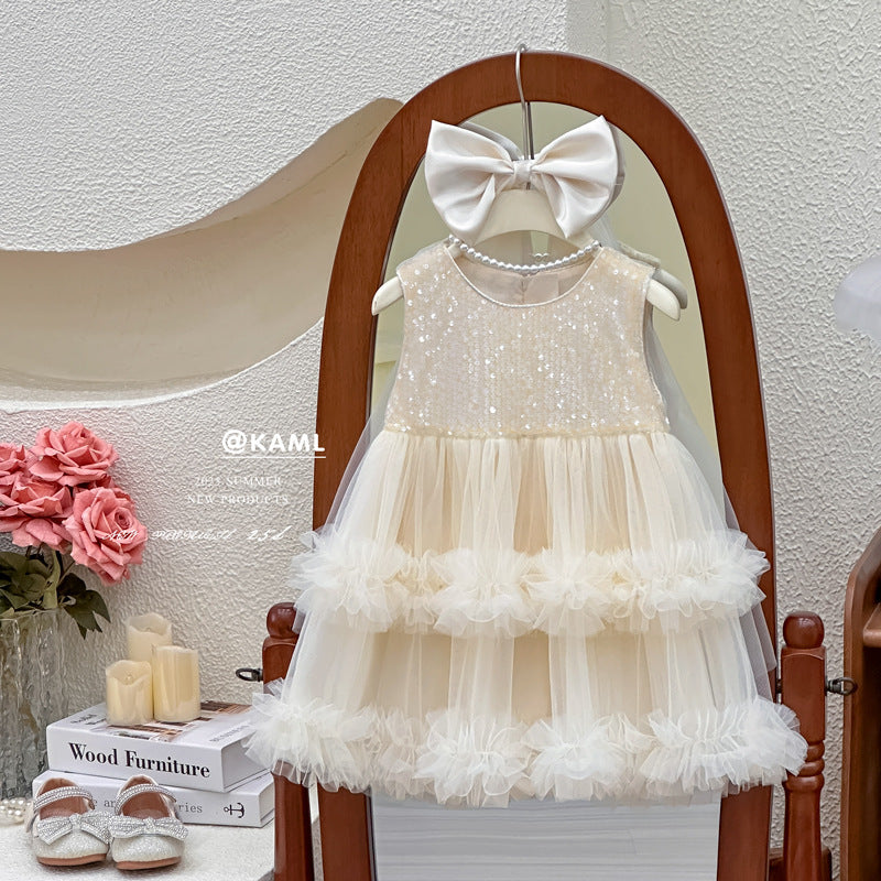 Girls' sequin mesh dress - new summer  style: chic tank dress, tiered cake dress, perfect birthday outfit for your daughter