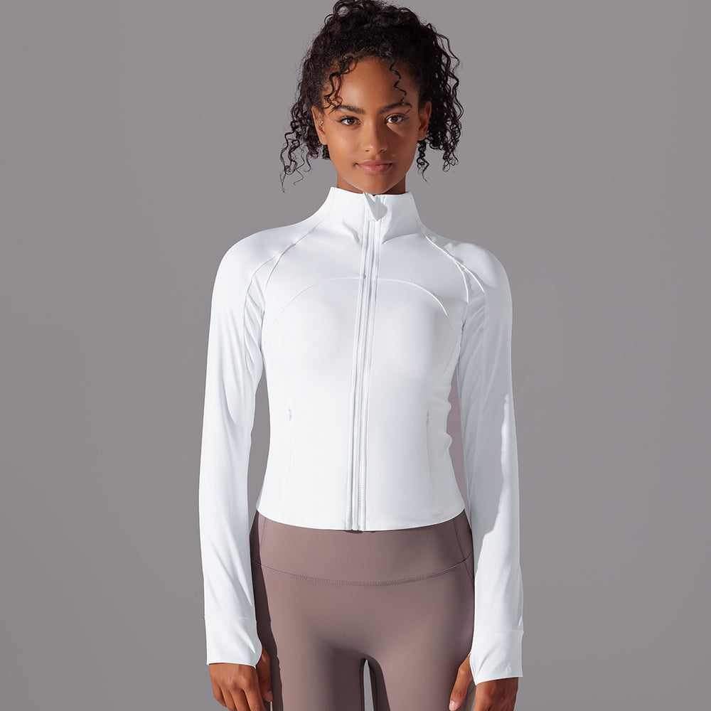 New women's solid color stand collar long zip-up long sleeve brushed fleece tight-fit activewear top for running, fitness, and yoga