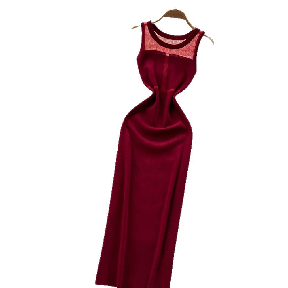 Luxury chic mesh panel sleeveless knit dress -  summer slim fit bodycon dress