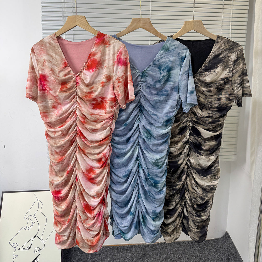 Summernew arrival pure desire sexy tie-dye printing silmv neck elastic mesh dress pleated hip skirt for women