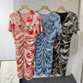 Summernew arrival pure desire sexy tie-dye printing silmv neck elastic mesh dress pleated hip skirt for women