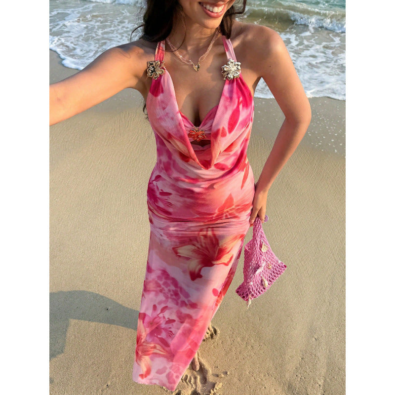 Women's summer romantic bohemian mesh print metallic floral appliqué tie-up halter maxi dress