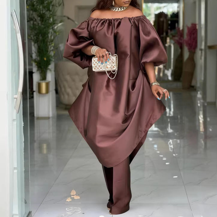 Plus size satin african robe set - one-shoulder asymmetrical loose top & flowy wide-leg pants - casual two-piece outfit