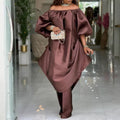 Plus size satin african robe set - one-shoulder asymmetrical loose top & flowy wide-leg pants - casual two-piece outfit