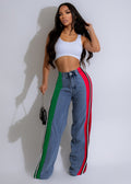 Best selling european and american clothing fashionpatchworkstripescontrast color denim pants new arrivalcasual waist elastic straight-leg pants