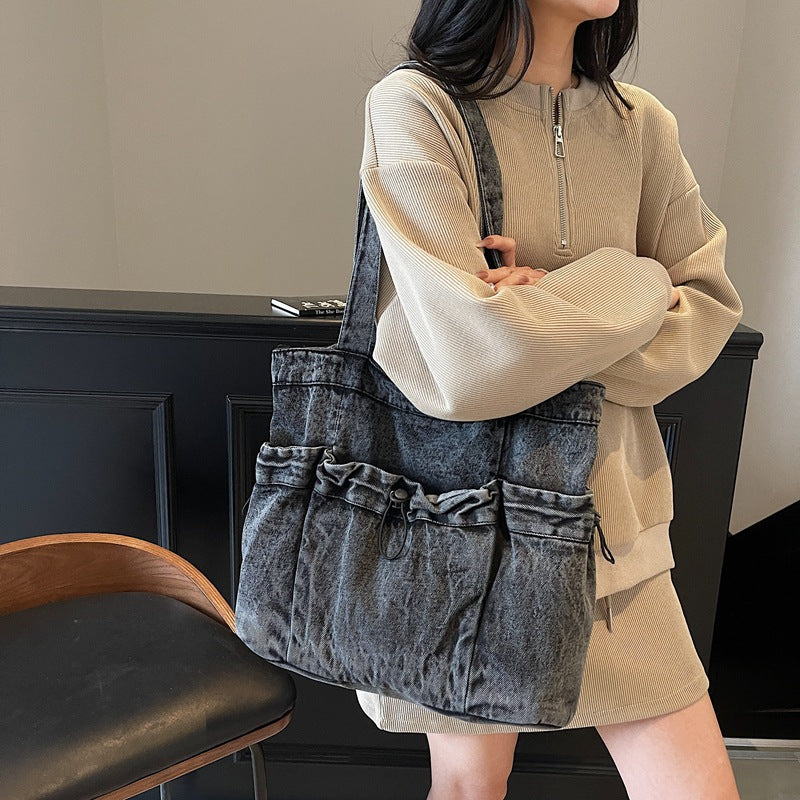 Cross-border new denim shoulder retro bag female Mori casual backpack new trendy cool simple commuter tote bag