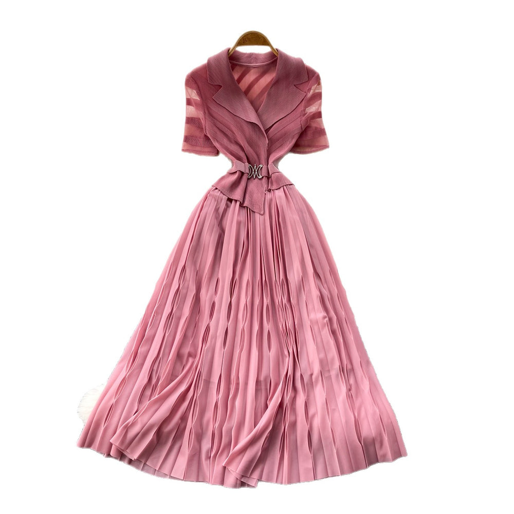French chic blazer-style short sleeve dress - women's slim-fit pleated maxi dress for work and everyday elegance
