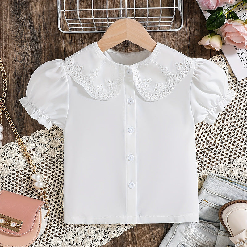 Summer girls' blouse - cross-border supply - pure white peter pan collar puff sleeve cute t-shirt top for young children