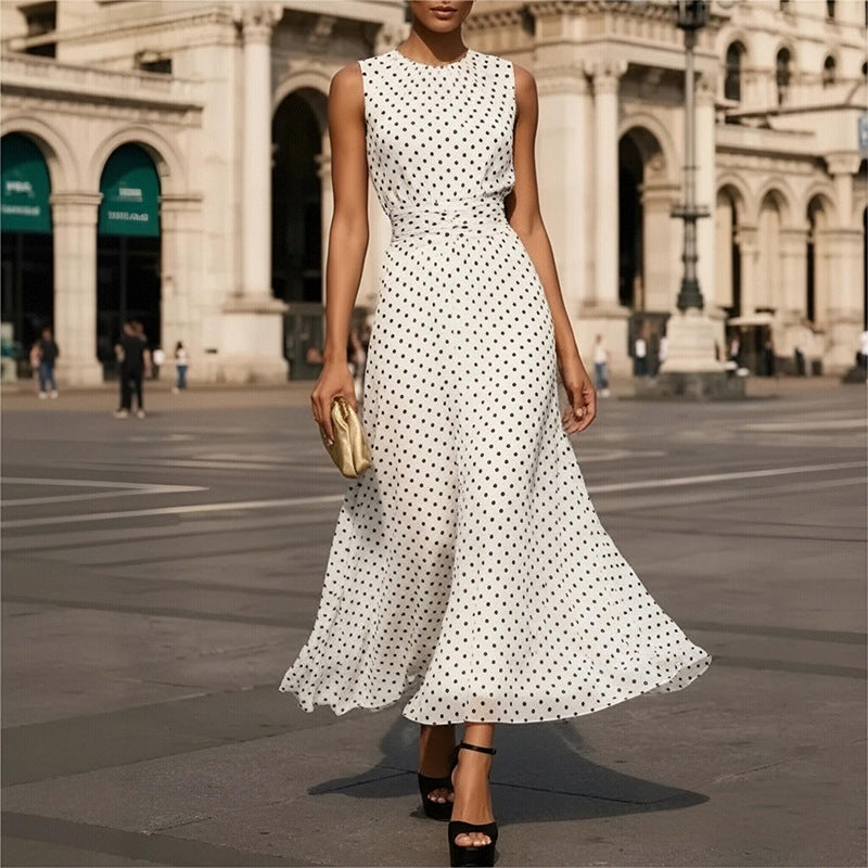 summer new arrival: european and american style polka dot sleeveless dress - french-inspired cinched waist, elegant maxi dress, slimming women's style