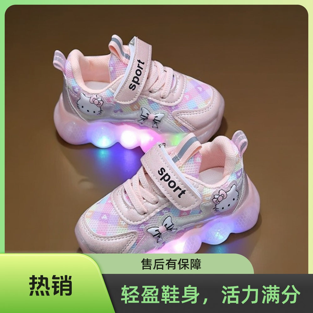 Light-up baby girl shoes, girls' sneakers, soft sole,  spring/autumn new style, mesh, hello kitty, dropshipping available