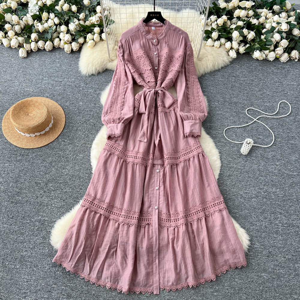 French retro court lace patchwork tie-waist lantern sleeve rhinestone embellished dress - slimming, elegant, and chic maxi dress