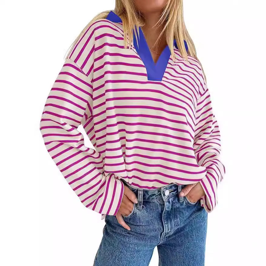 European and American Independent Station Cross-border Women's Clothing 2024 Autumn TK  Explosive Loose Casual Collar Striped Long Sleeve Sweater Women