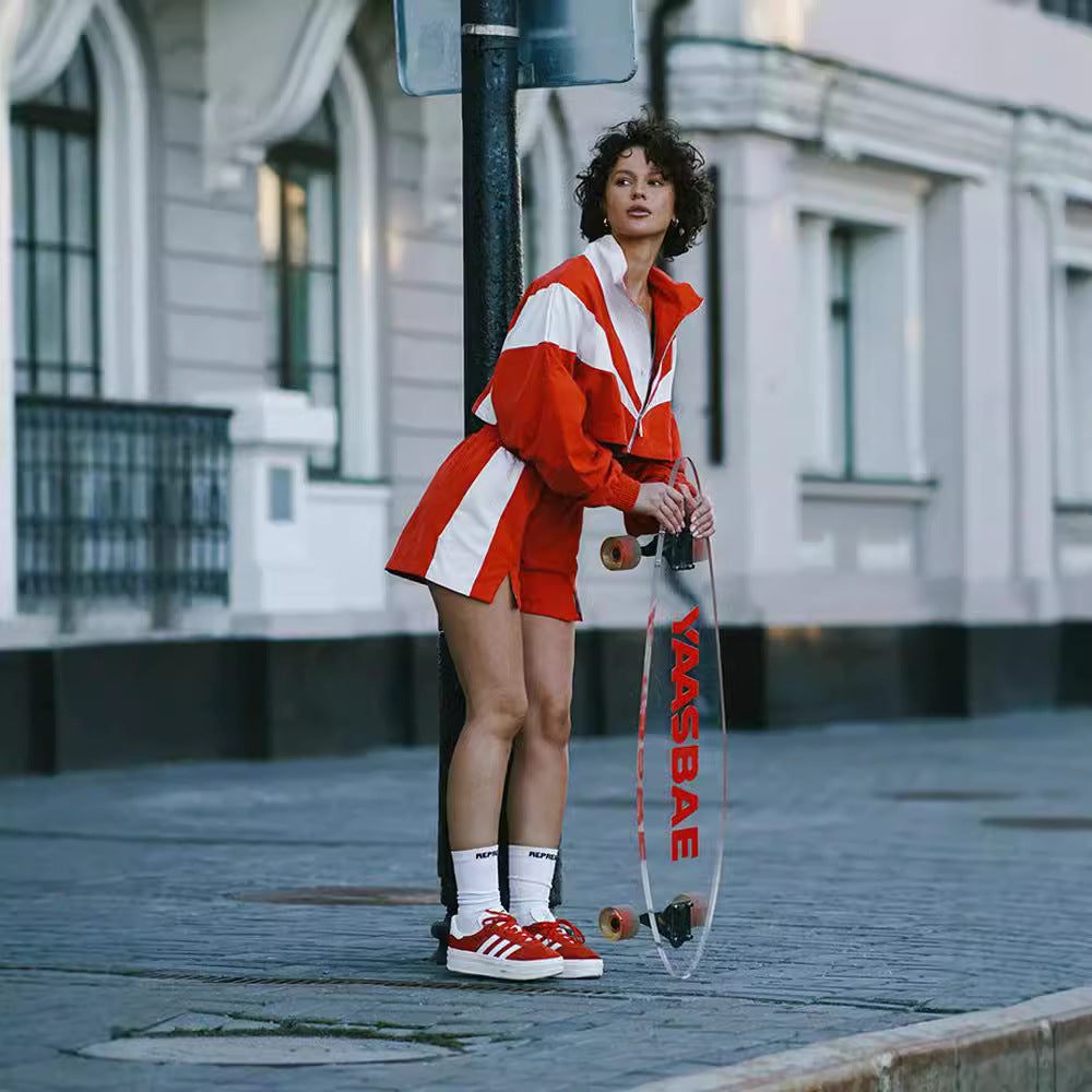 European and American loose casual women's clothing fashion contrasting colors long-sleeved sports cardigan cardigan cardigan shorts two-piece set women's suit women