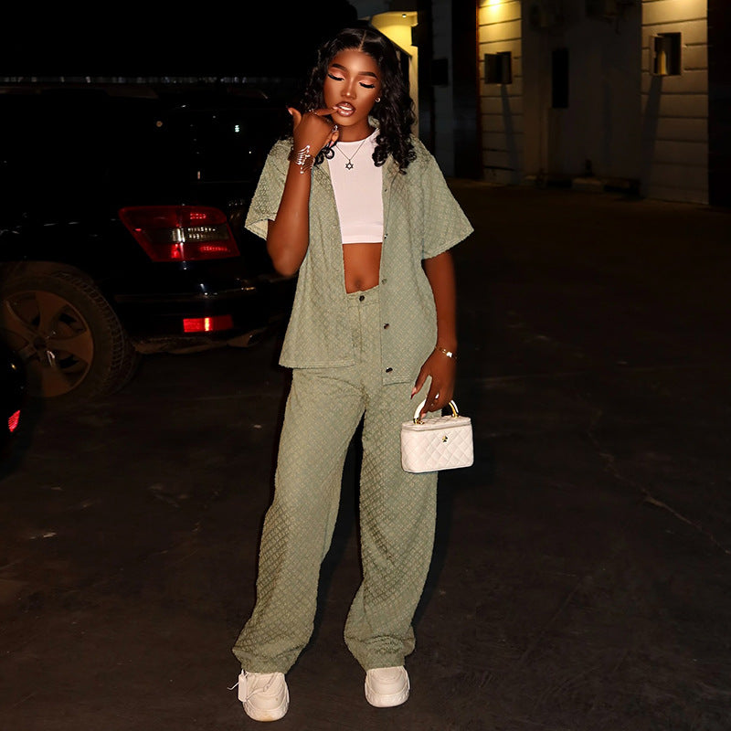 European and american women's clothing  autumn new collection: sweet and fresh turn-down collar short-sleeve shirt top and high-waisted straight-leg pants two-piece set