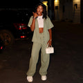 European and american women's clothing  autumn new collection: sweet and fresh turn-down collar short-sleeve shirt top and high-waisted straight-leg pants two-piece set