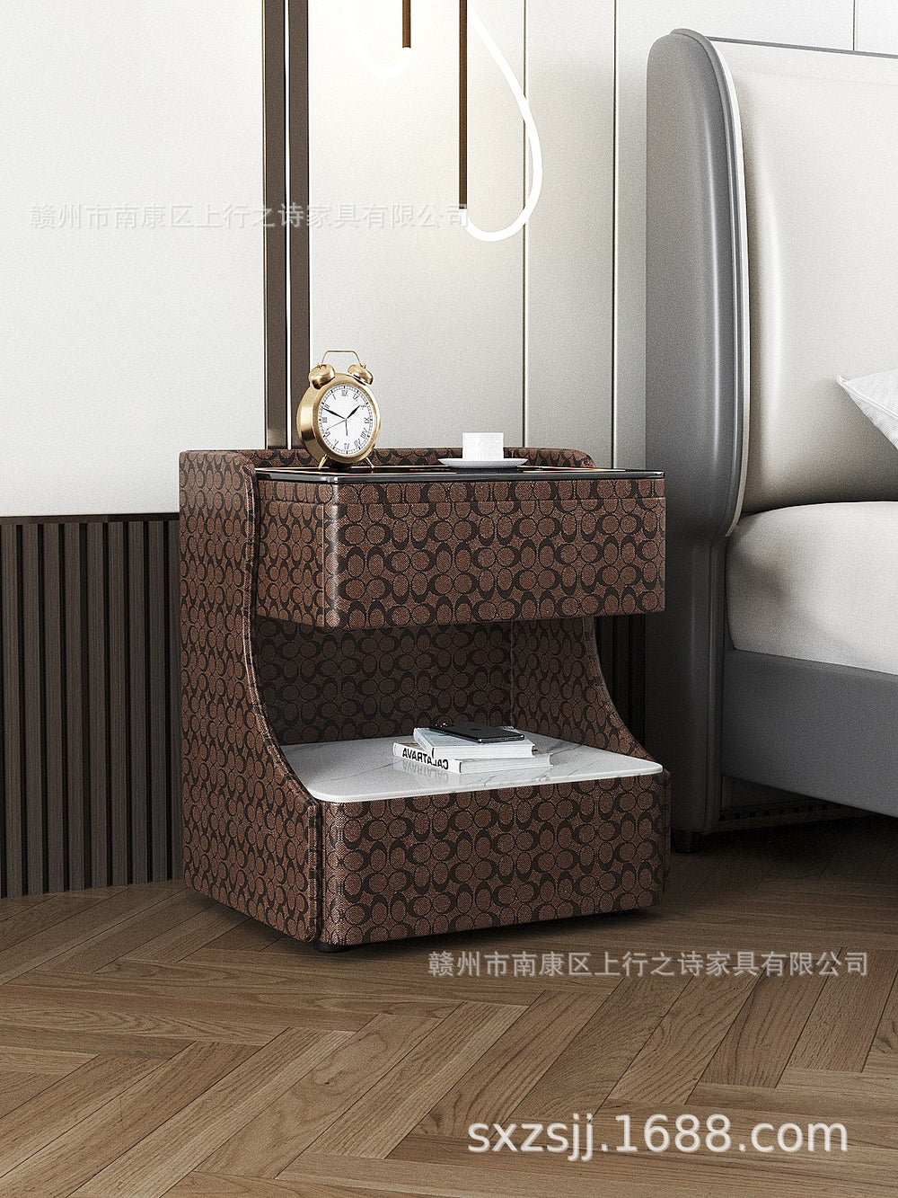 Italian smart bedside table minimalist modern leather bedroom wireless charging popular minimalist storage cabinet high-end rock slab