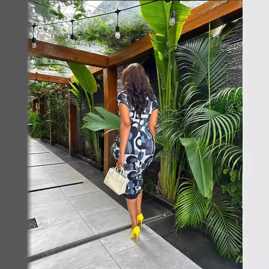 European and american cross-border women's fashion: elegant round neck bodycon mini dress -  summer new arrival, short sleeve printed dress